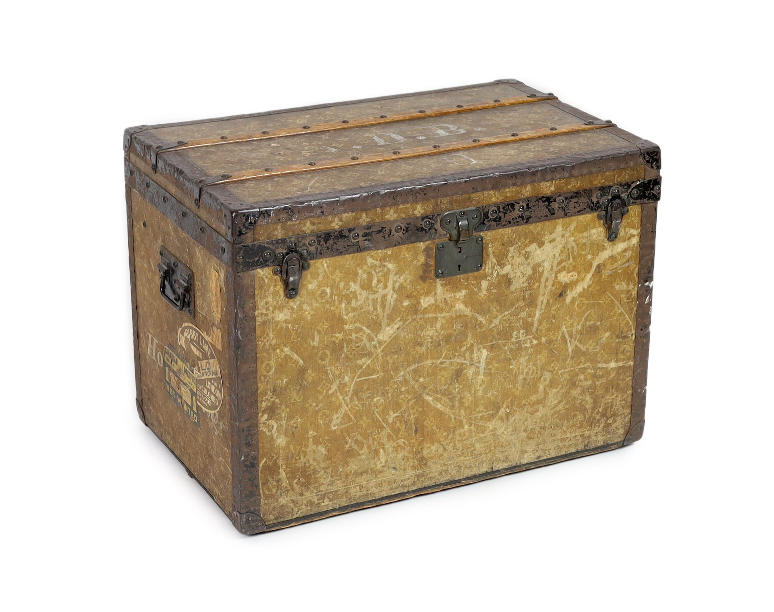 An early 20th century Louis Vuitton iron bound travelling trunk, width 76cm, depth 48cm, height 55cm